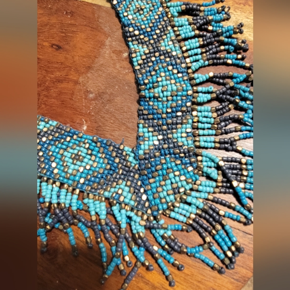 Native American Style Woven Turquoise And Bronze Bead Fringe Tribal Necklace - Picture 6 of 10
